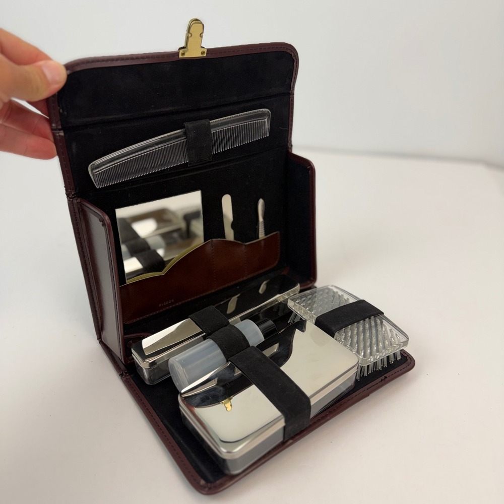 Vintage Hickok Travel Grooming Kit Brown Leather Case Mirror Comb Brush Set